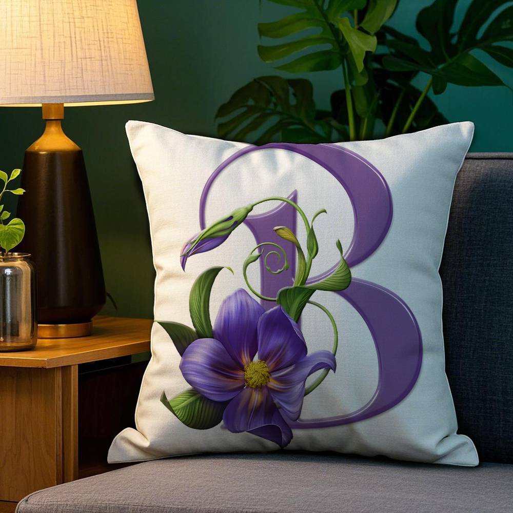 Simple Purple Flower Letters Pillow Case Plush Fabric Soft Double Sided Print Sofa Cushion Cover Throw Pillow Covers