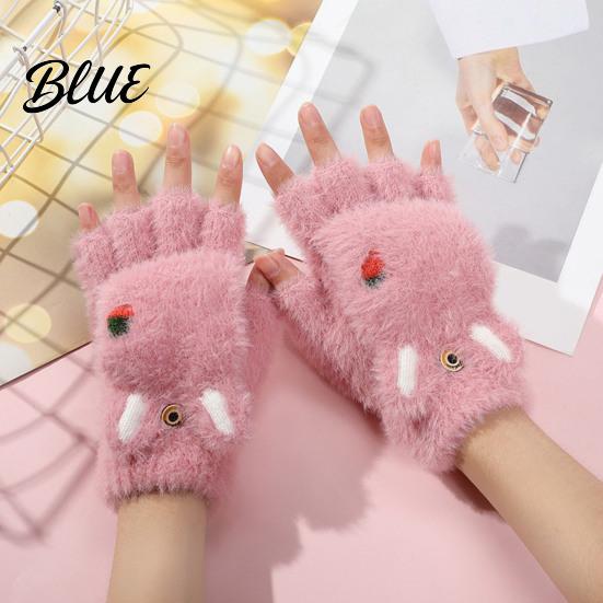 Fingerless Gloves with Flap Cover Furry Cat Paw Thermal Gloves Flip Top Mitten Button for Women Winter Cozy Outdoor Cold Weather Plush Half