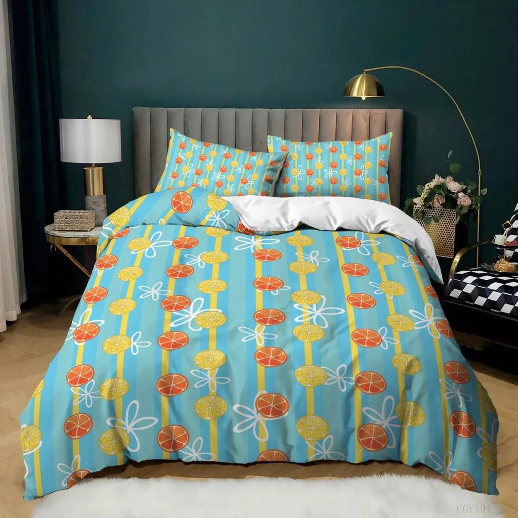 Set Biancheria da Letto Limone e Arancia per Bambini Ragazzi Ragazze Copripiumino Pompelmo Singolo Matrimoniale Estate Fresco Frutta Copripiumino Set
