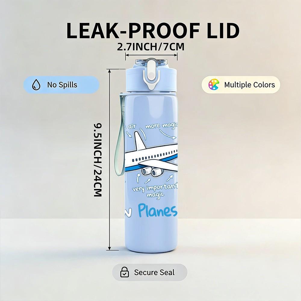 1PC Airplane Wish Planes Fly Slogan Print 750ml Color Plastic Sports Water Bottle Leakproof Flip Straw Lid Suitable for Sports Office Home Use