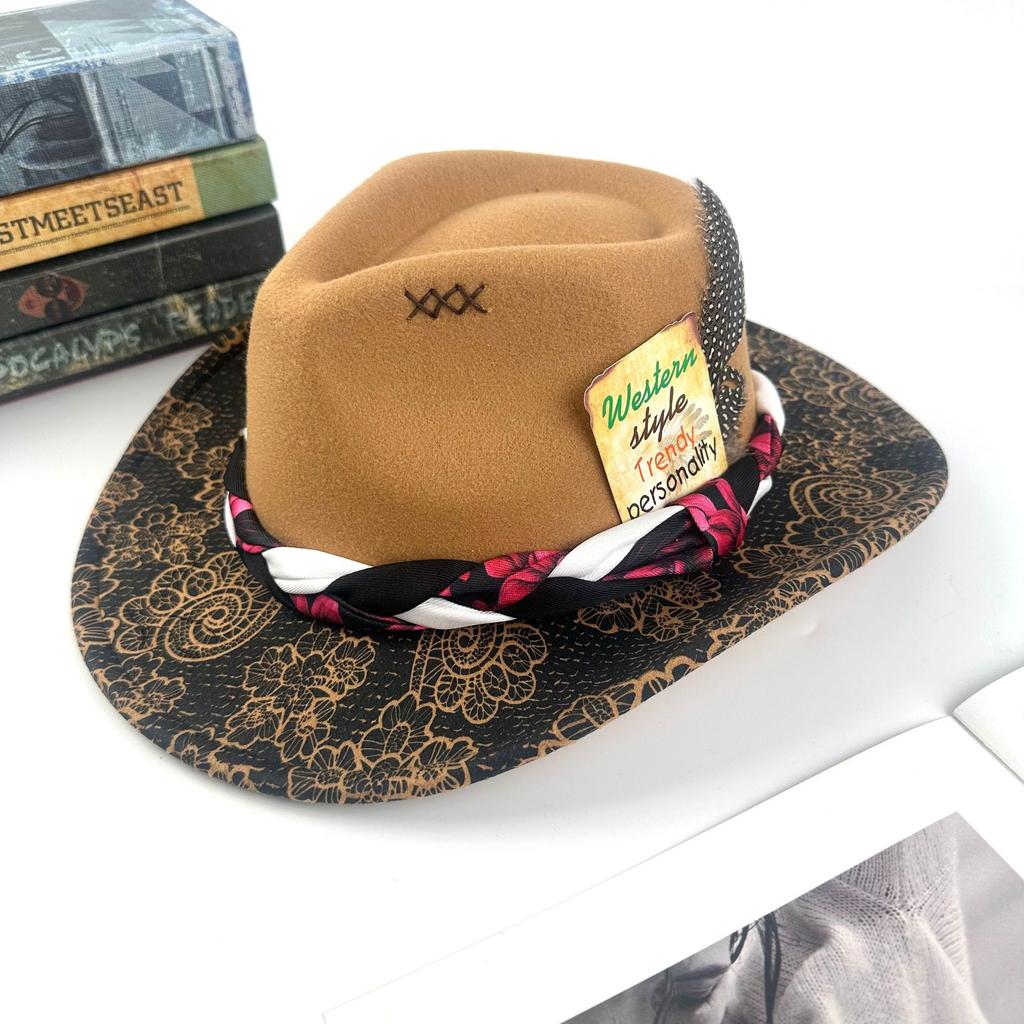 Hot Selling Cowboy Hat Wool Felt Top Hat Western Peacock Feather Print Jazz Hat Four Seasons Hat