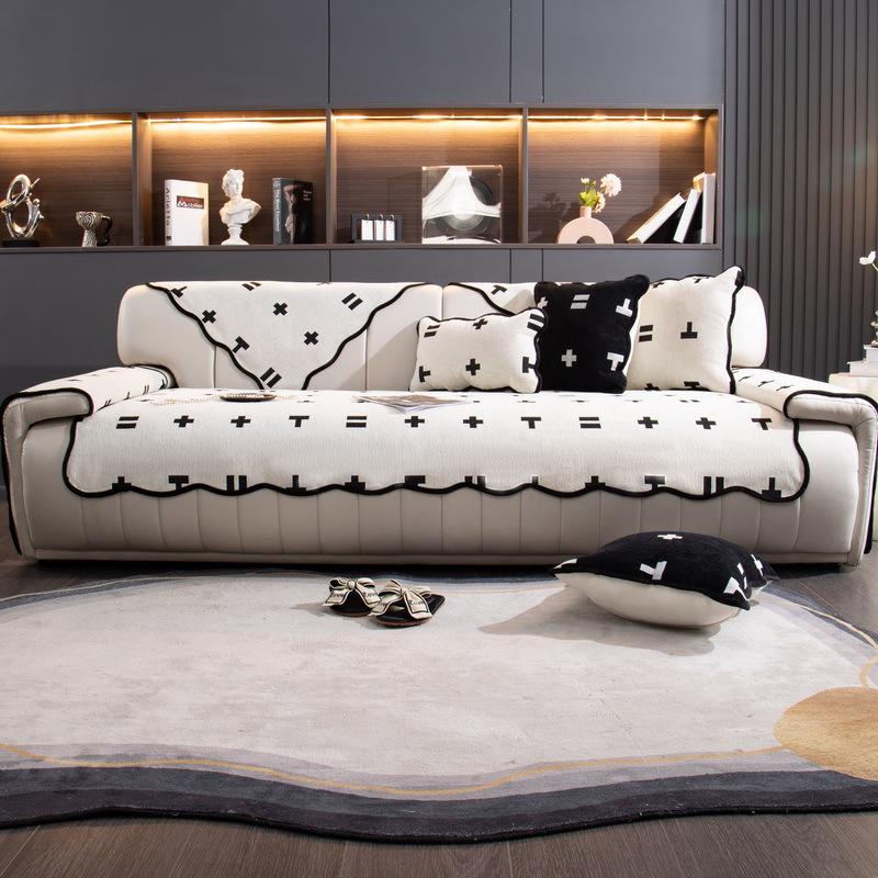 Black and White Simple Sofa Cushion Four Seasons Universal Chenille Sofa Cover Cover Cloth