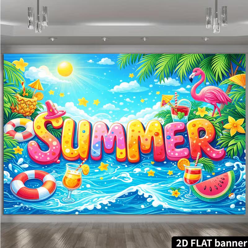 2D Colorful Summer Banner with Waves, Sun & Flamingo for Photoshoot