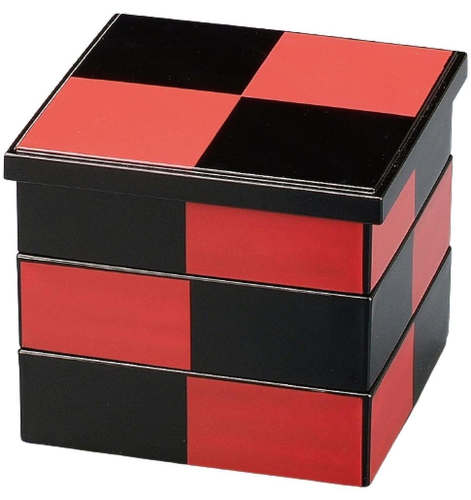 Outdoor Lunch Box Made in 3 Heavy Black and Red with Checkered Black x x J-kitchens (Bento Box) Japan, Tiers, 5-inch Square, Interior, 16.0cm 16.0cm