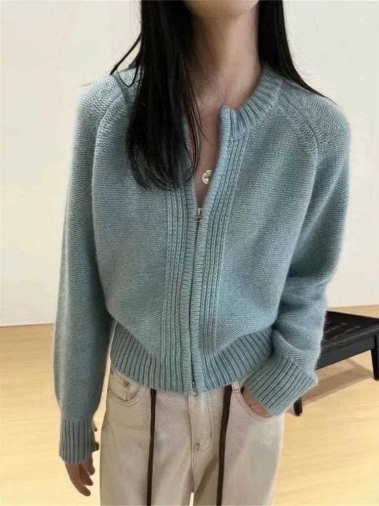 Women's Stylish Short Wool Knit Cardigan, Round Neck, Autumn Winter Cashmere Sweater Coat with Double Zipper.