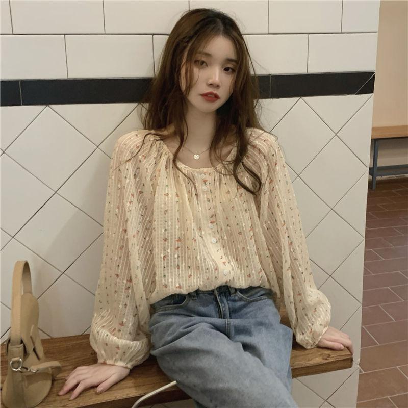 Elegant Loose Floral Sweet Printed Shirt Women Summer Spring O Neck Casual Thin Tops Office Long Sleeve Fashion Blouse Large Size See Through Clothing