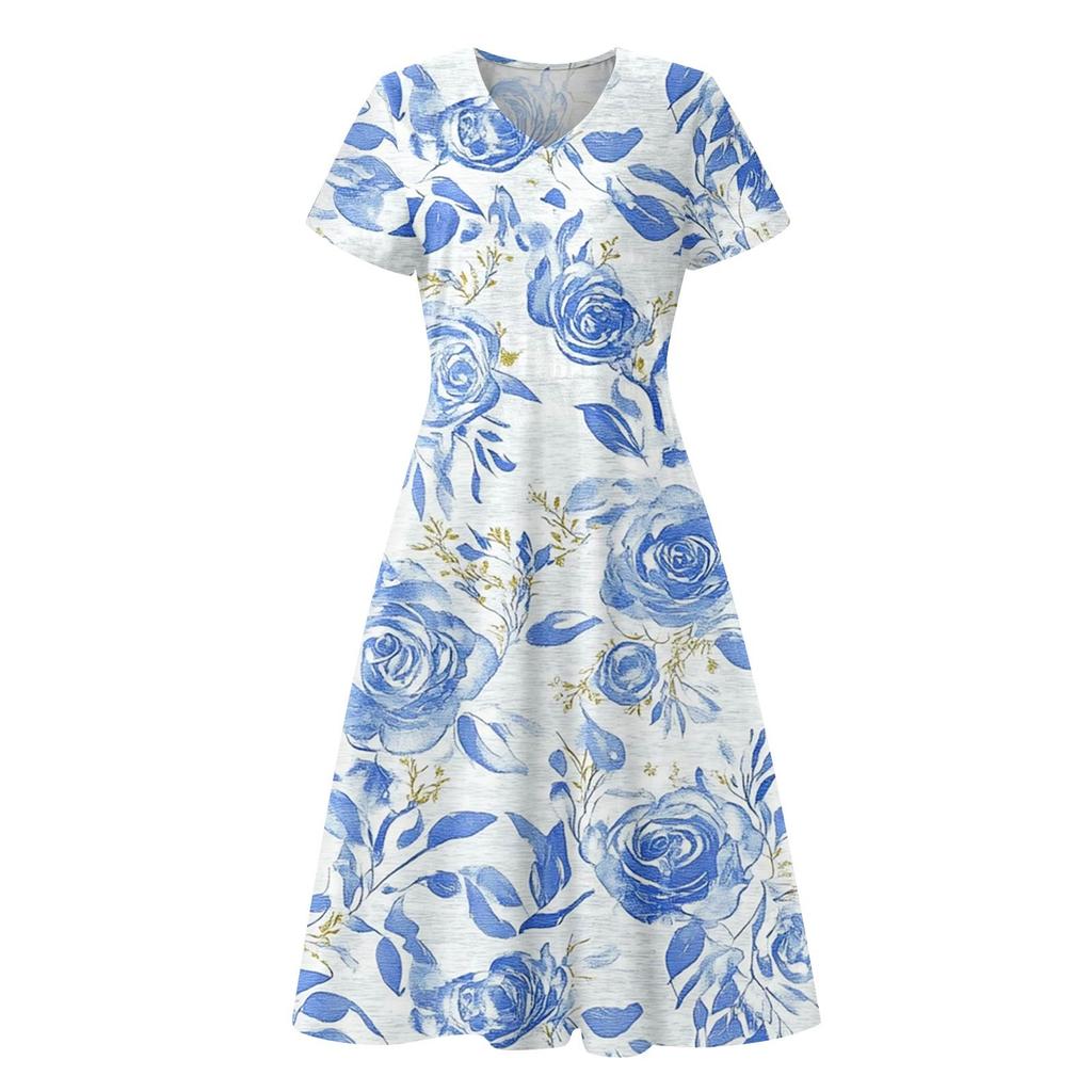 Damen Sommer Freizeitmode Druck Tasche Kurzarm V-Ausschnitt Schwingkleid