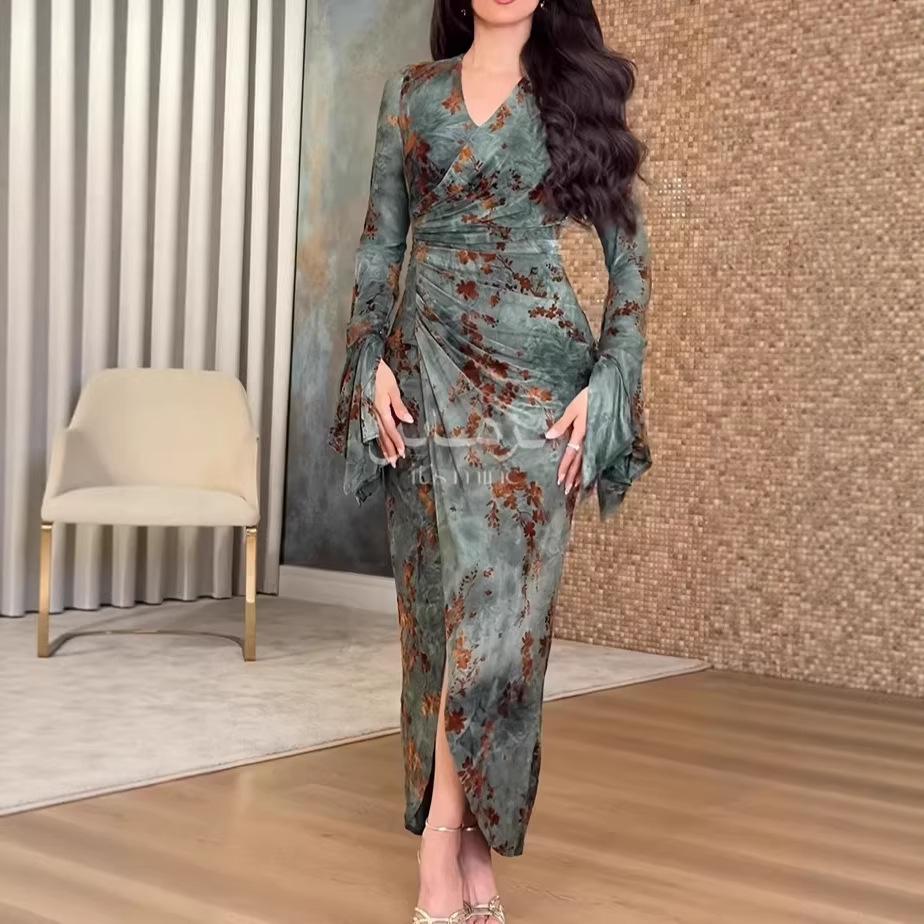 

2025 European Autumn Fashion Printed Waist-Cinching Women s Long-Sleeve Dress XXL армія зелений колір