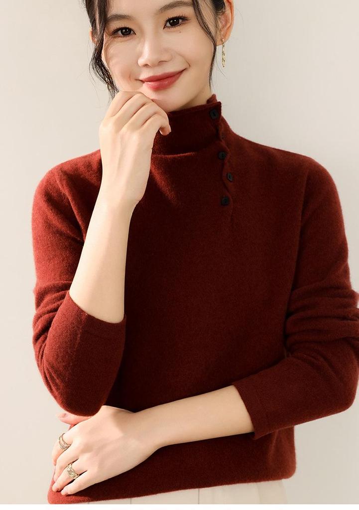 Winter 2025: Loose Casual Wool Sweater with Half-High Collar & Rolled Hem