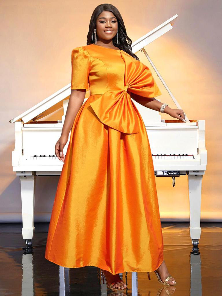 Plus Size Women's High-Waisted Bow Midi Party Dress