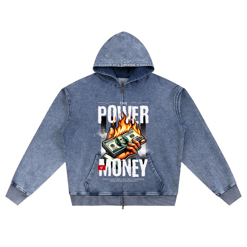 DTG Print Knitted Denim Zip-Up Hoodie The Power Of Money Brother Print Zipper Hoodies  
