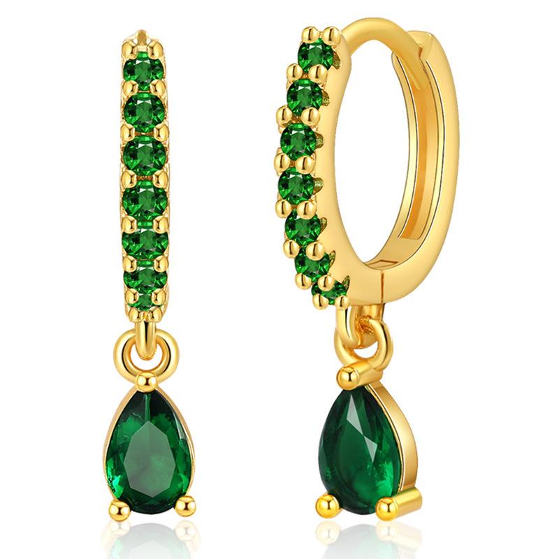 Gold Plated Green CZ Hoop Earrings With Teardrop Charm