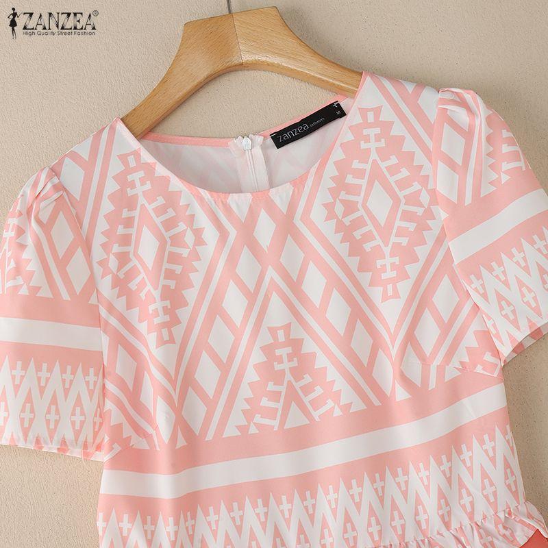 ZANZEA Women Summer Round Neck Casual Short Sleeve Print Dress