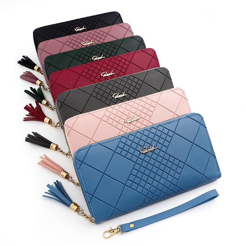 Korean-Style Women's Long Wallet with Hand Strap and Tassel Zipper Clutch