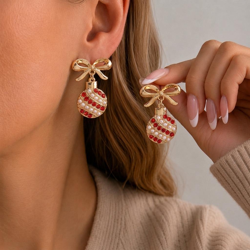 Multiple Styles Christmas Red Green Color Tree Drop Earrings for Women Classic Bowknot Pearl Xmas Ball Earrings Jewelry Gift