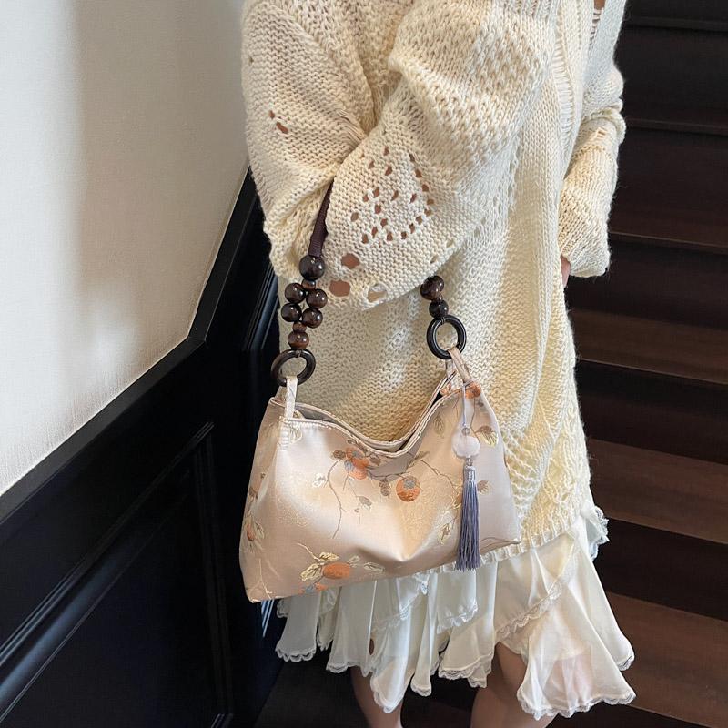 Retro Beige Embroidery Handbag Women Beaded Handle Large Capacity Shoulder Bag Ladies Elegant Luxury High End Underarm Bags