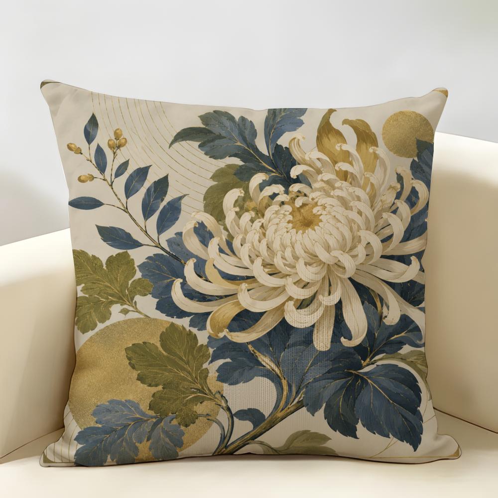 Vintage Oriental Botanical Floral Cushion Cover Durable Hypoallergenic Organic Linen Short Pillow Cover Washable