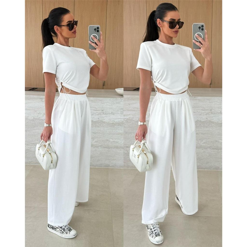 Lato Nowa Moda Casual Jednolity Kolor Garnitur T-shirt Szerokie Nogawki Spodnie Zestaw Dwuczęściowy Dla Kobiet