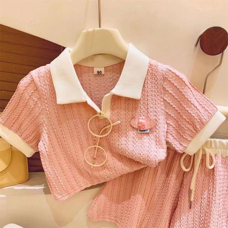 Stylish Girls Summer Outfit Set Featuring Trendy Polo Shirt And Chic Shorts For Kids Pink Set,48cm/18.90in