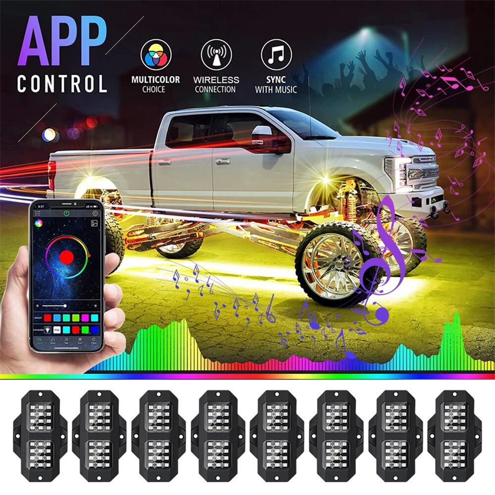 RGB LED Rock Lights 8 Pods 192 LEDs Bluetooth APP Control Music Sync
