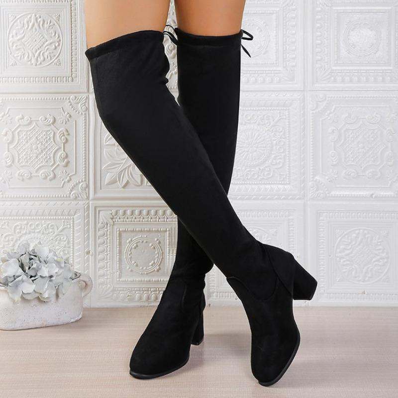 Women's Shoes, Over-the-knee Boots, Women's Boots, Thick Heels with LACES At The Back, High Heels, Round Toe
