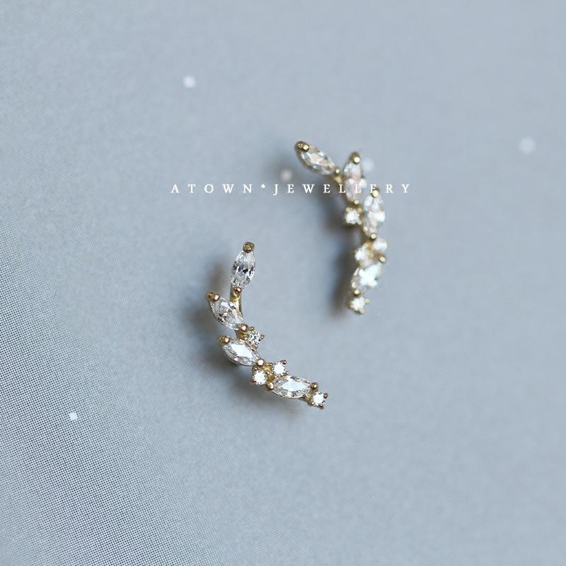 Bay Leaf Branch S925 Sterling Silver 14K Gold-Plated Zircon Stud Earrings - Ultra Shiny, Curved Design for Women. Silver-White Pair (Includes Silver Earplugs)
