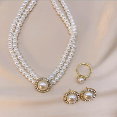 Yousheng 1 Set Bride Necklace French Style Vintage Temperament Double Layer Elegant Gift Hypoallergenic High Gloss Faux Pearl Earrings Ring Wedding