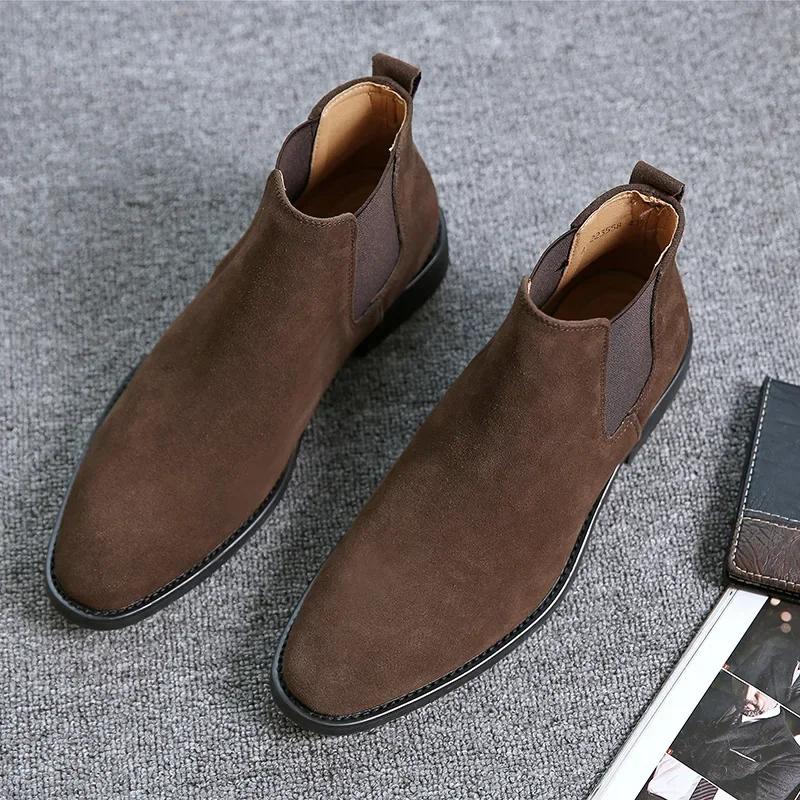 Men'S Retro Classical Chelsea Boots Cow Suede Genuine Leather Mens Fashion Ankle Short Boot High-Top Casual Shoes For Men