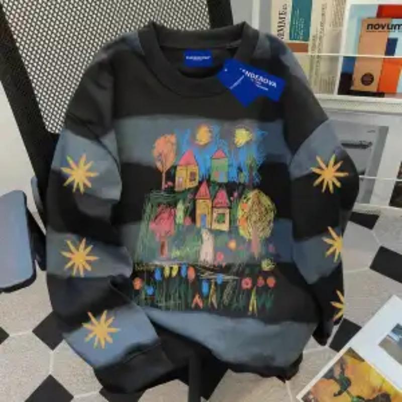 Pure Cotton Tie-dye Horizontal Striped Round Neck Sweatshirt for Women Autumn Winter Loose Simple Top