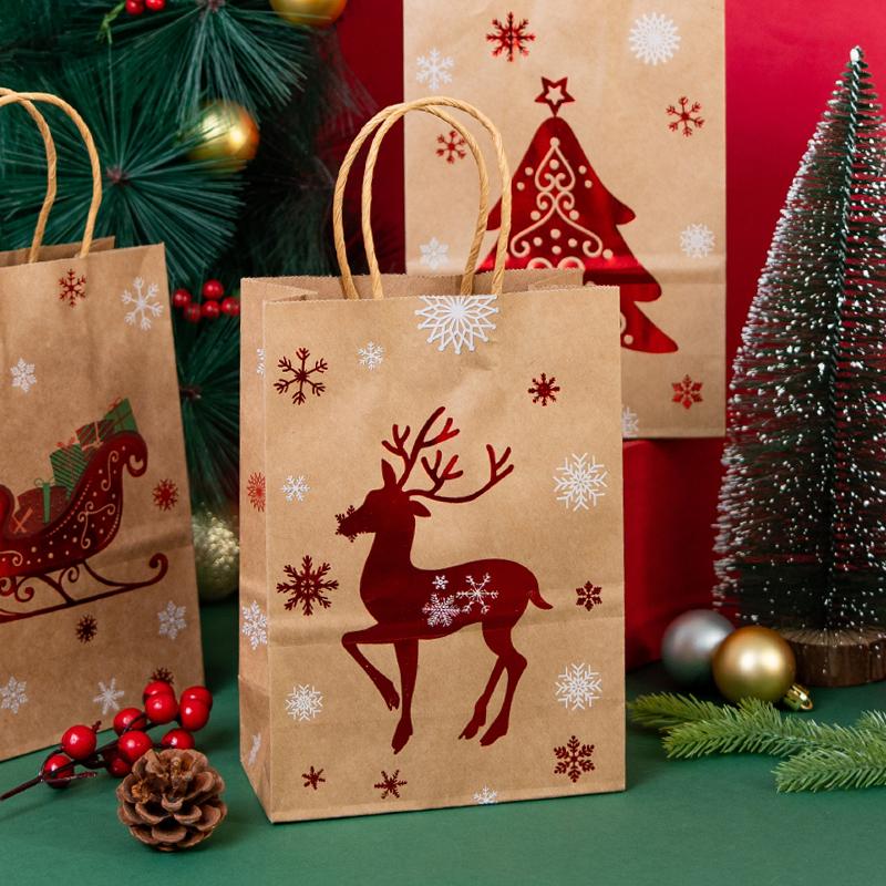 StoBag, Joyful Christmas Kraft Paper Reusable Bags, Party Decor, Packing Presents, Gifts, Candy,  Reindeer Pattern, Snowflake