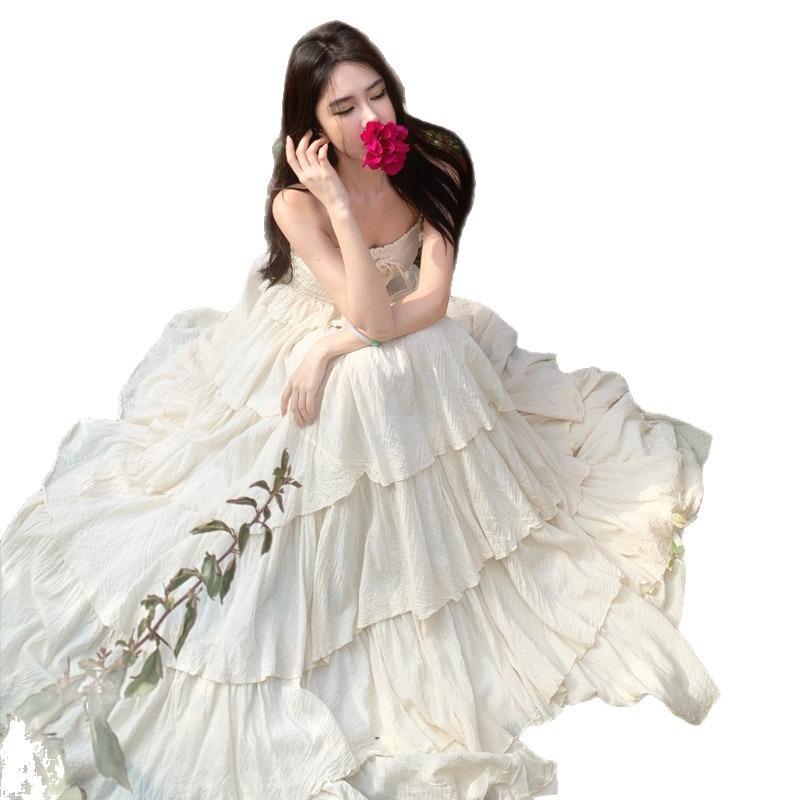 French Heavy Industry Beautiful Neck Tube Top Dress Fairy Seaside Vacation Cake Long Skirt
