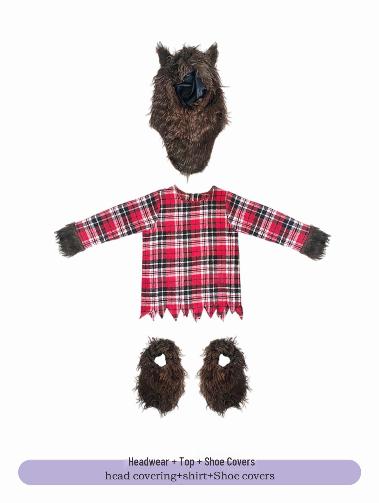 Red Plaid Wolf Cosplay Costume - Parent-Child Halloween Outfit for Adults and Kids Child S