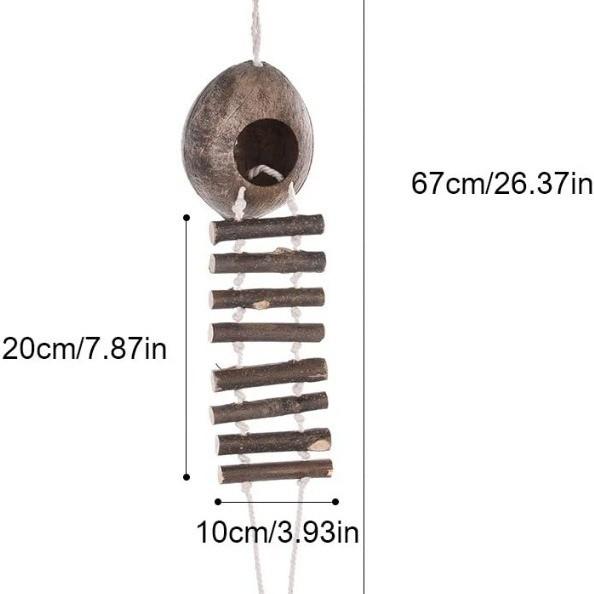 Casa de Passarinho de Casca de Coco para Papagaio com Escada de Nuvem Brinquedo de Madeira para Pássaros para Decoração de Gaiola