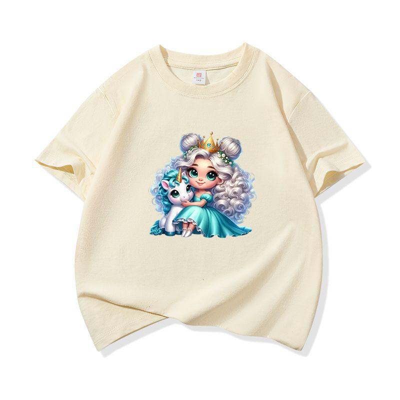 Kids Cotton T Shirt Princess Girl With Blue Unicorn Print Crew Neck Short Sleeve Tee Casual Boys Girls Summer Tops