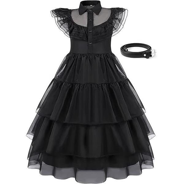 2-10Yrs Maleficent Girl Evil Queen Black Tutu Dress with Feather Scarf Halloween Villain Party Gothic Costume Gown Vestidos