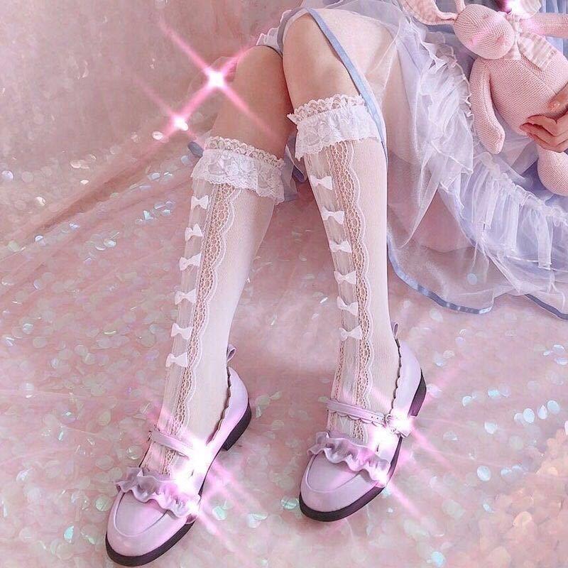 Cute Girly Sexy Lolita Lace Ruffle Knee High Calf Socks Summer Thin