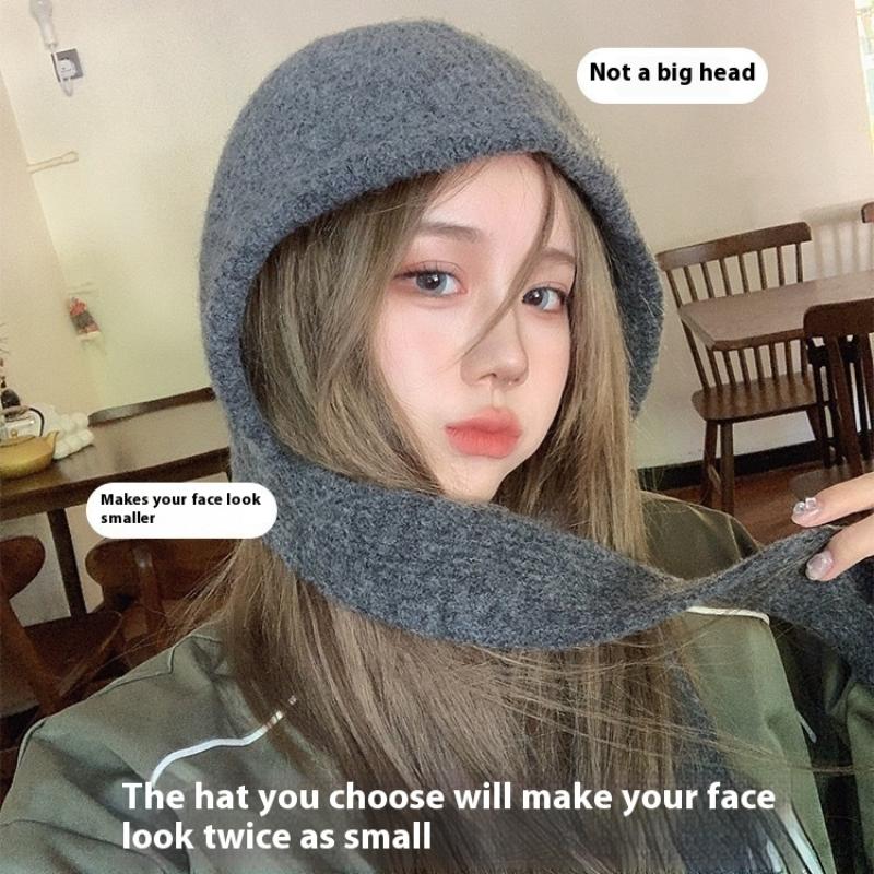 Korean Hood Scarf Balaclava Hat Ear Protection Warm Bomber Hats Women Retro Strap Bow Beanies Winter Accessories Knitted Law Hat