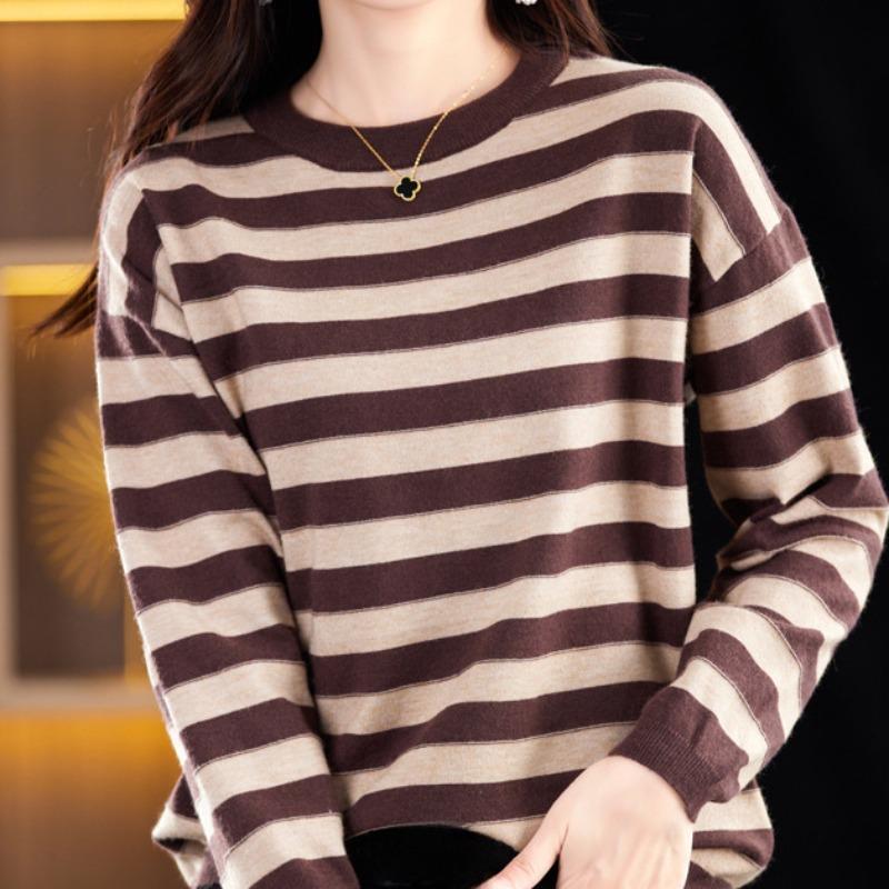 Women's Fashion Casual Stripe Print Autumn Winter Long Sleeve O-Neck Pullovers Sweaters