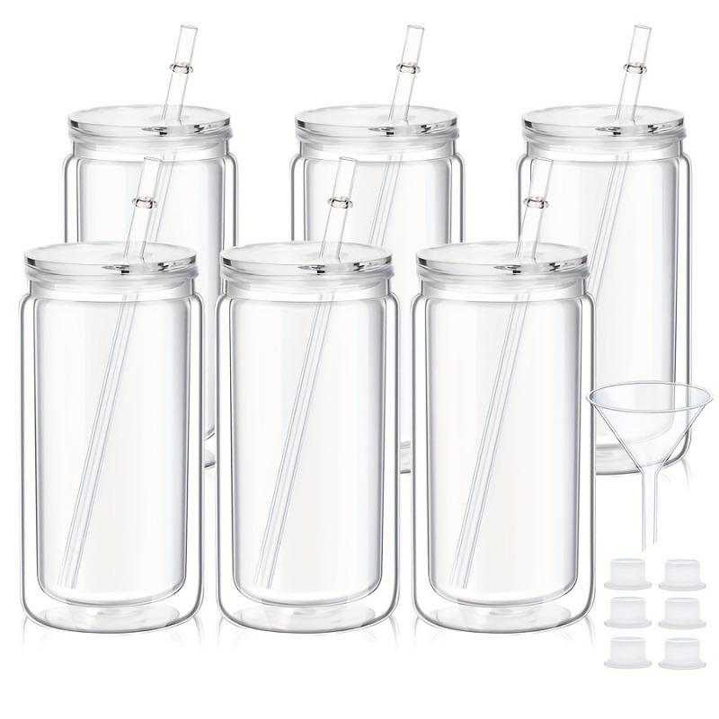 6PCS 16oz Clear Plastic Cup Bamboo Lids Straw Cup Double Wall Snow Globe Tumbler Pre-Drilled Water Bottle Mason Jar Mug Drinking