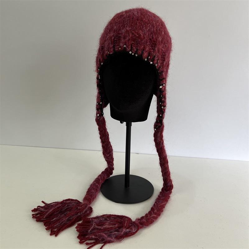 

Нишевый дизайн ручной работы толстая плетеная вязаная шерстяная шапка женская осенне-зимняя утолщенная теплая шапка-бандана с пайетками контрастного цвета M（56-58cm） бордовый