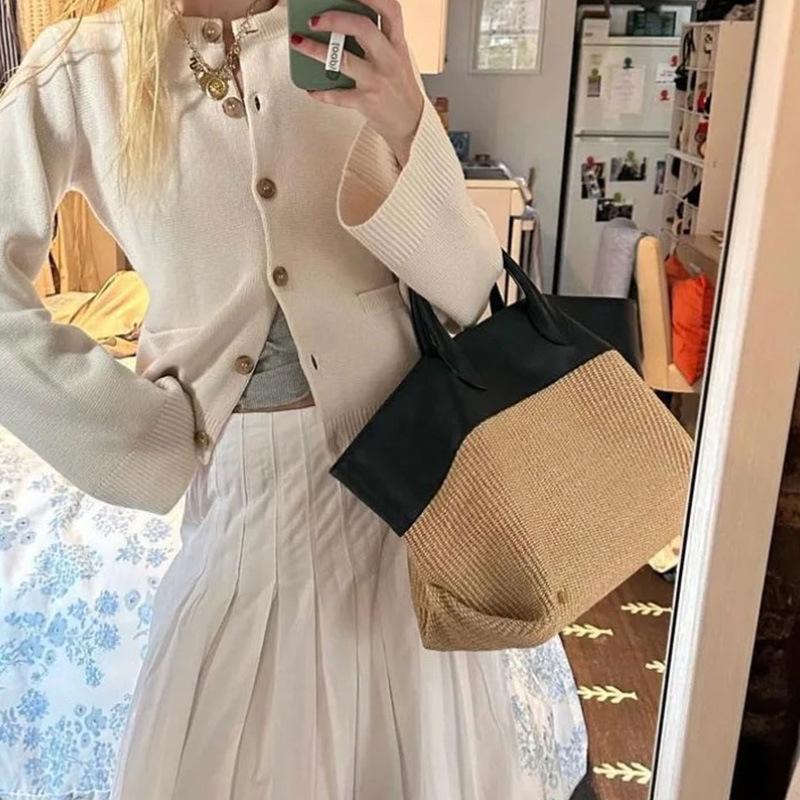 New Beach Bag, Fashionable Vacation Style, Color Blocking Splicing Grass Woven Bag, Large Capacity Portable Tote Bag