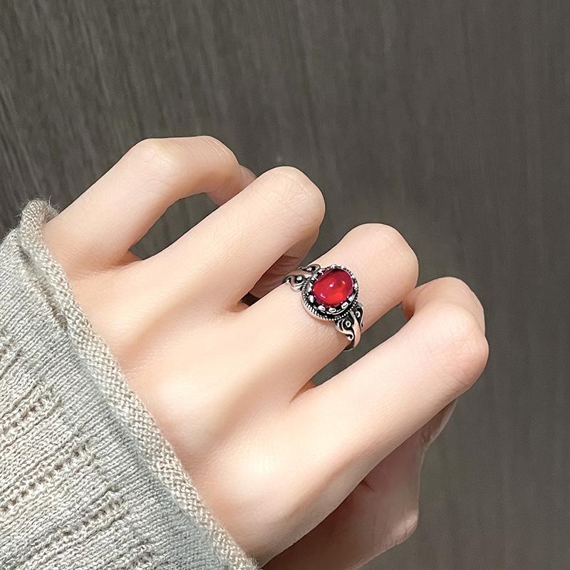 Red Agate Retro Hollow Pattern Chalcedony Exaggerated Index Finger Opening Ring Women'S Adjustable Personality Fashion Ring