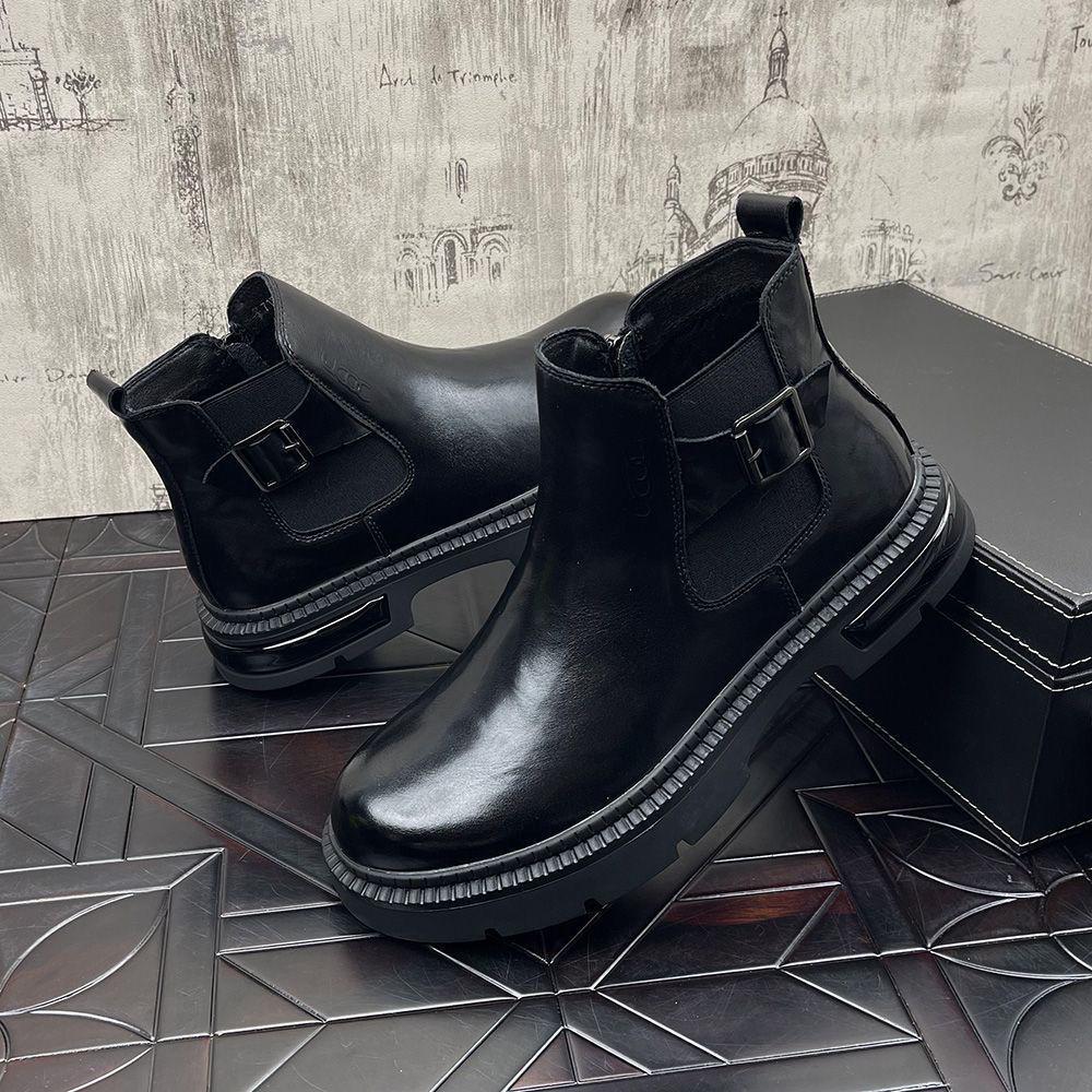 Men's 2025 British Chelsea Ankle Boots, Black Chimney, Height Increasing, Thick Sole, Genuine Leather for Autumn/Winter.