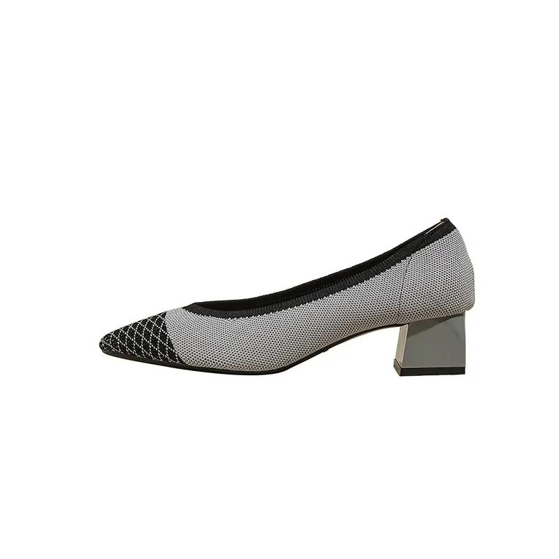 Fashion Spring and Autumn Women High Shoes 2025 New Fashion Pointed Knitting Breathable Comfortable Anti-skid Rubber Soled Work Shoes