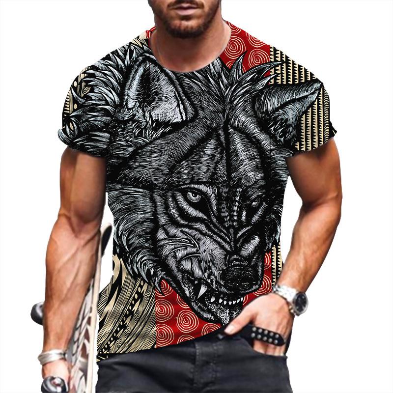 T-Shirt mit 3D-Buchstabendruck für Herren, Tier-T-Shirts, Wolf, große Größe, kurzärmelig, lässiges Oberteil für Herren