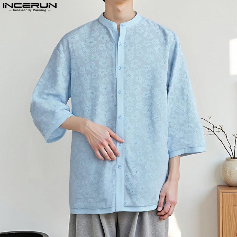 

INCERUN Oversized Mens 3/4 Sleeve Buttons Flowers Casual Loose Tunic Shirts S білий