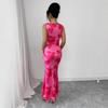 Seitlich geschlitztes sexy rückenfreies Blumenkleid für Damen Tiefer U-Ausschnitt Ärmellos Hohe Taille Lange Kleider Femme Bodycon Mode Party Abend Elegantes Kleid Dame