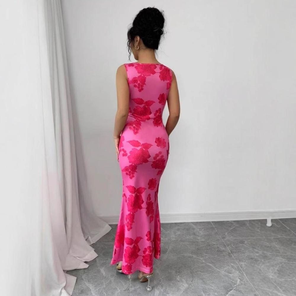 Seitlich geschlitztes sexy rückenfreies Blumenkleid für Damen Tiefer U-Ausschnitt Ärmellos Hohe Taille Lange Kleider Femme Bodycon Mode Party Abend Elegantes Kleid Dame