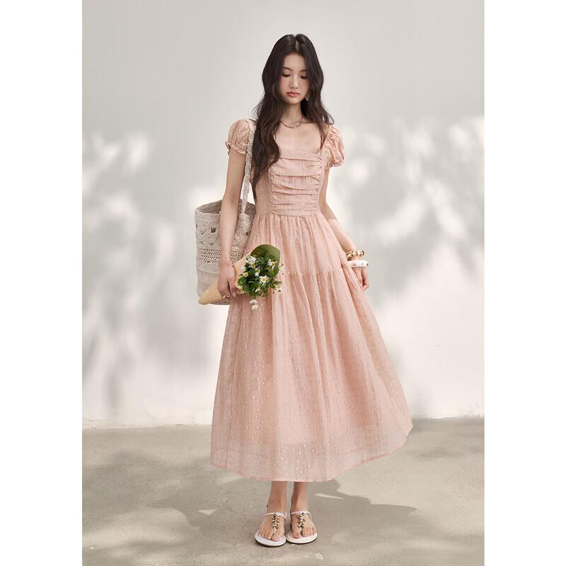French Style Square Neck Polka Dot Puff Sleeve Tiered Maxi Dress