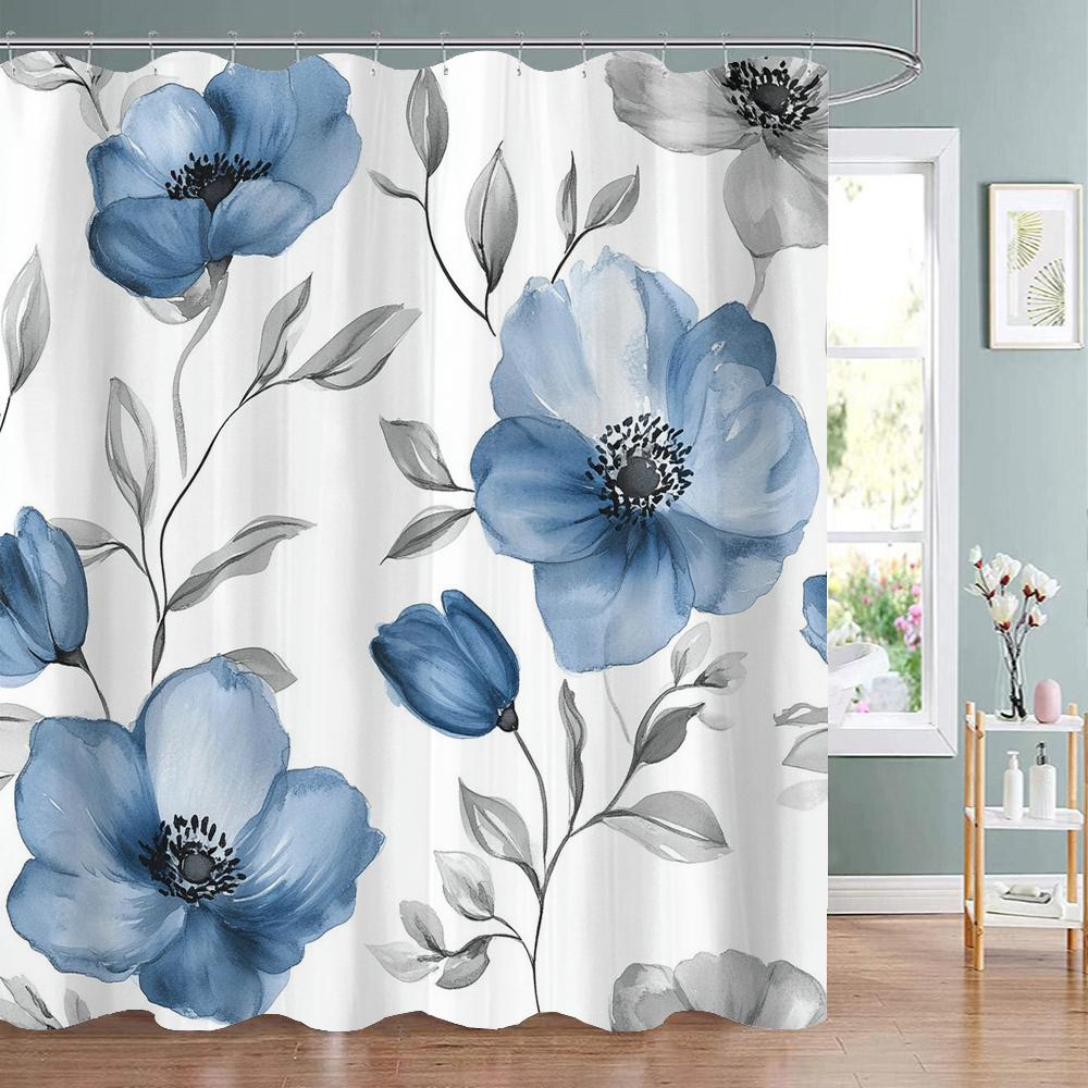 Beautiful and Elegant blue Flowers Pattern Shower Curtain,  Bathroom Decorative Shower Curtain,Home Curtain with Hooks